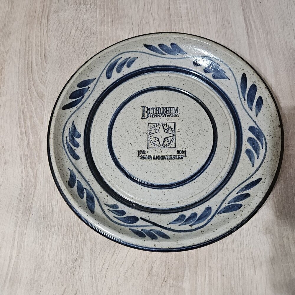 Stoneware Salt Glazed Handmade Plate Bethlehem PA 250th Anniversary 1991 Vintage